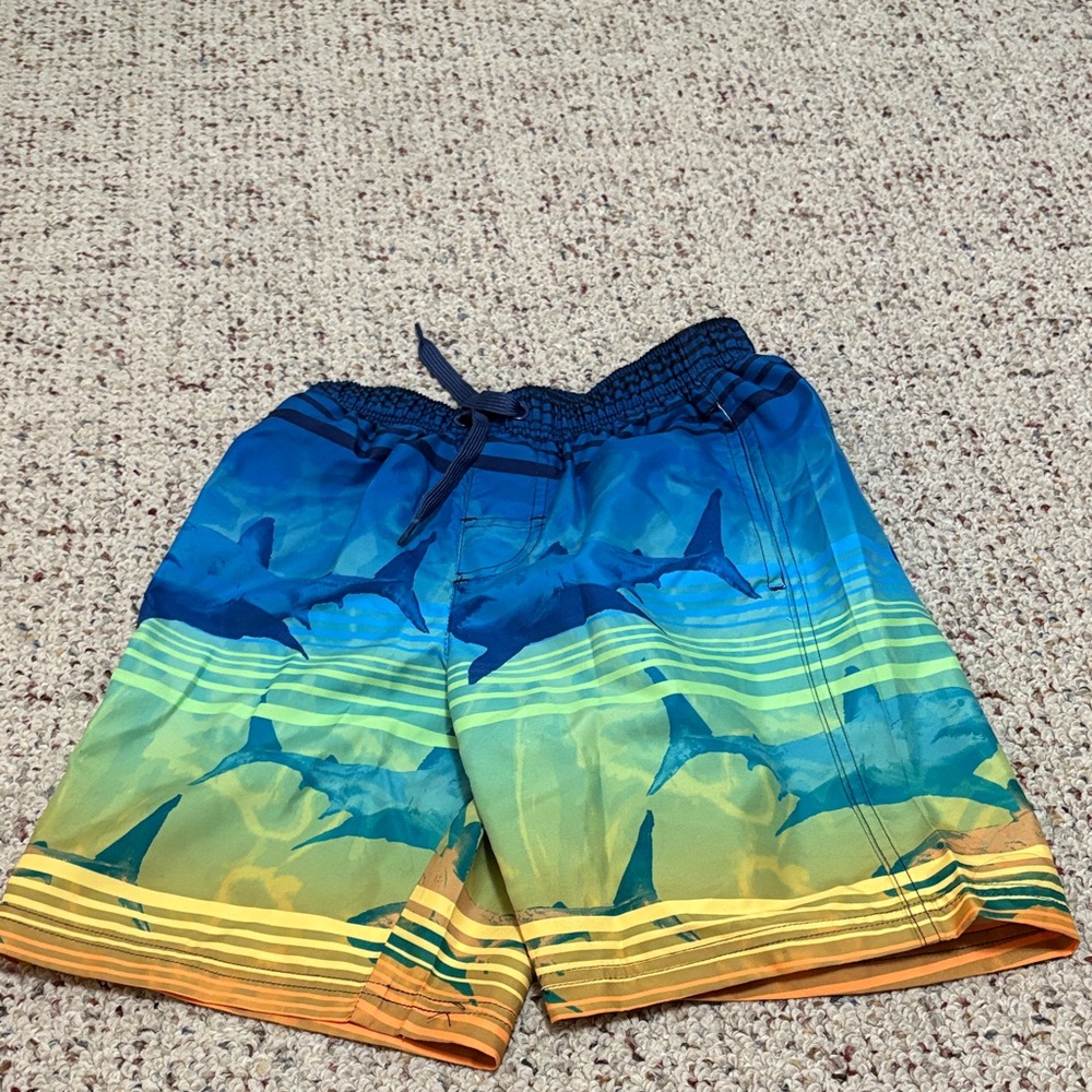 Boys Blue Green Yellow Shark Print Swim Trunks